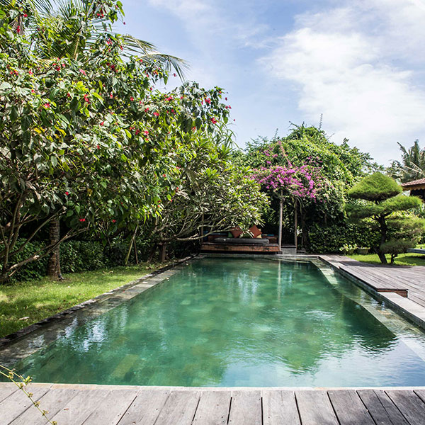 Garden, wooden Deck and the swimming pool